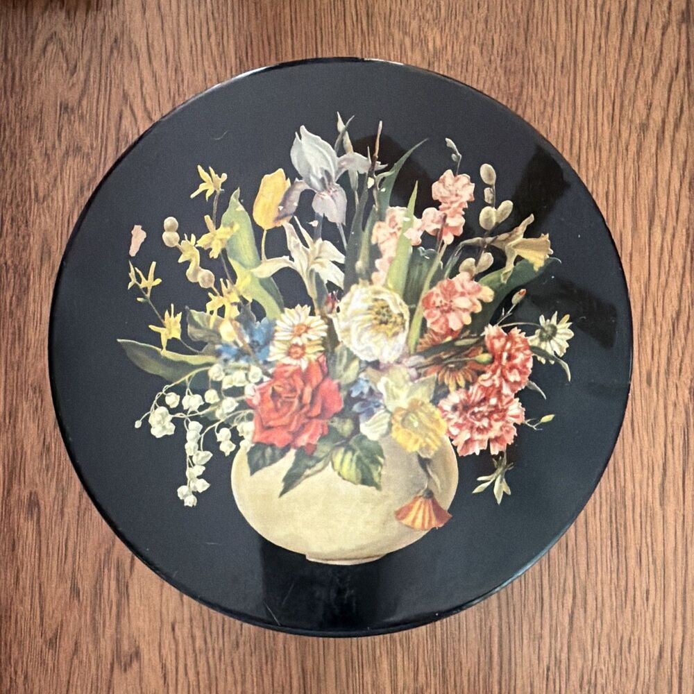 Vintage Round Black Tin with Lid, Floral Flowers Bouquet Design McCrory’s
